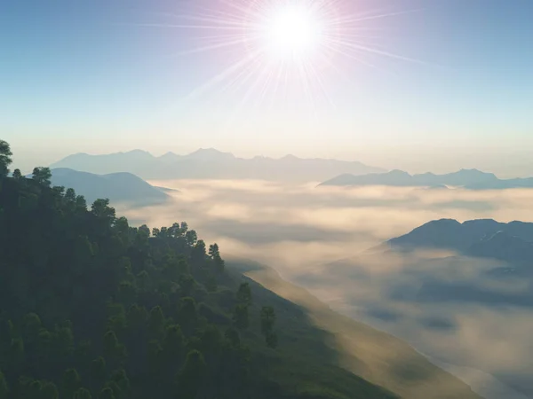Renderowanie Górskiego Krajobrazu Nisko Leżącymi Chmurami — Zdjęcie stockowe