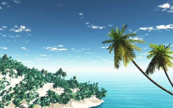 热带岛屿景观与棕榈树3D渲染 — 图库照片
