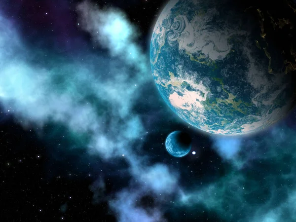 Renderização Céu Espacial Abstrato Com Planetas Nebulosas — Fotografia de Stock