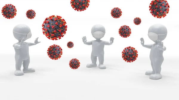 3D render of male figures in face masks surrounded by Covid 19 virus cells