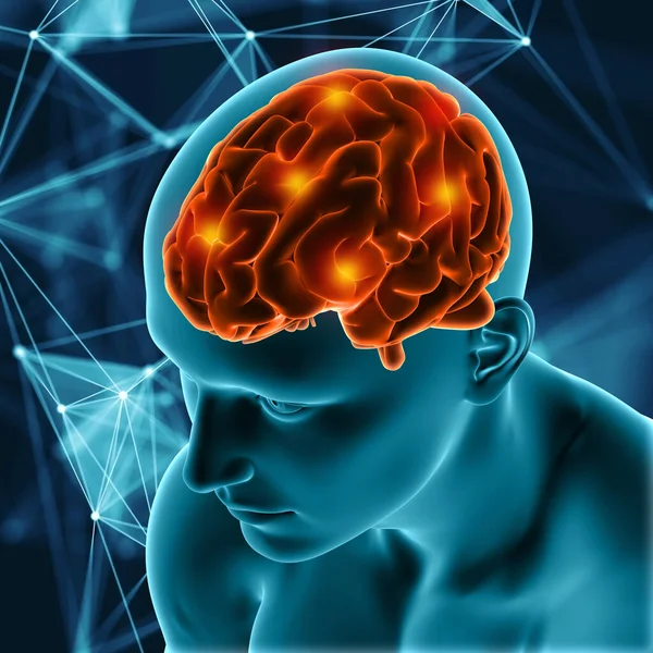 Darstellung Eines Medizinischen Hintergrunds Mit Männlicher Figur Mit Hervorgehobenem Gehirn — Stockfoto