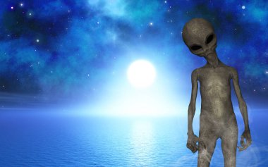 Uzaylılarla cadılar bayramı manzarasının okyanus manzarasına karşı 3 boyutlu canlandırması