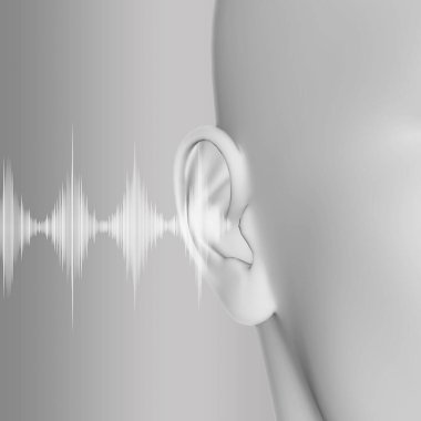 Kulak ve ses dalgalarına yakın tıbbi bir arkaplanın 3 boyutlu görüntüsü