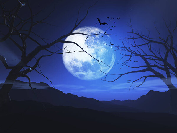 3D render of a spooky Halloween landscape with dead trees against a moonlit sky