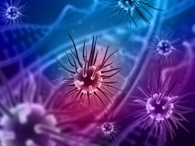 Soyut virüs hücreleri ve DNA iplikçikleriyle tıbbi bir arkaplanın 3 boyutlu canlandırması