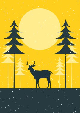 Ağaçlar ve geyik silueti tasarımlı minimal Noel kartı tasarımı