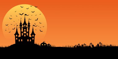 Cadılar Bayramı pankartı, yarasalar ve ürkütücü balkabağı manzarası