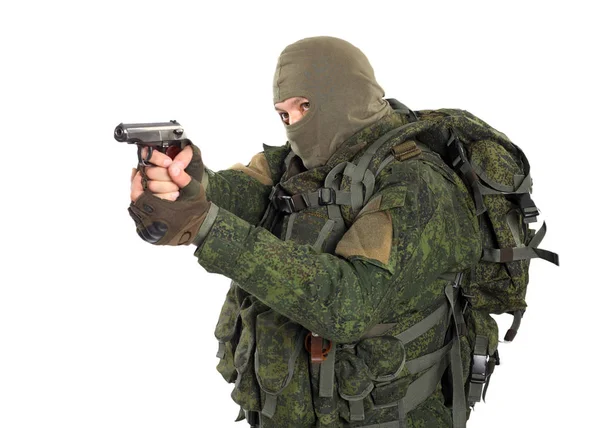Soldat Maske Mit Pistolen Auf Weißem Hintergrund — Stockfoto