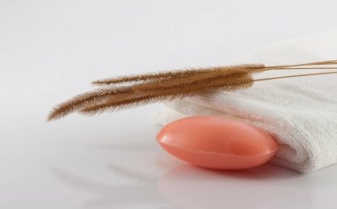 Temiz beyaz havlular ve kuru otla beyaz bir sahnede hijyen için sabun..