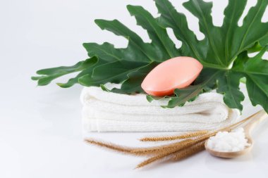 Temiz beyaz havlulara sabun, yeşil yapraklar ve hijyen için beyaz sahnelere tuz sür..