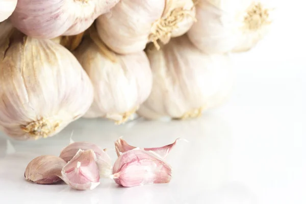 Witte Knoflooktextuur Verse Knoflookclose Pittig Koken Ingrediënt Foto Witte Knoflookkop — Stockfoto