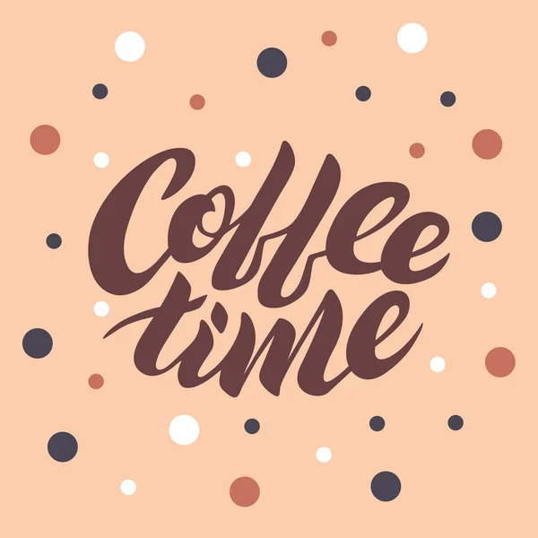 Kaffe tid bokstäver på en rosa bakgrund med prickar — Stock vektor