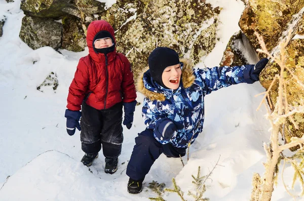 Счастливые Дети Прогулке Зимнем Лесу Среди Скал — стоковое фото
