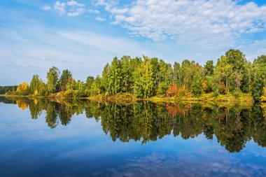 Açık bir günde sudaki ağaçların yansımasıyla güzel bir sonbahar manzarası. Rusya, Urallar