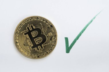 Yeşil onay işareti Bitcoin Btc cryptocurrency sikke üzerinde beyaz bir arka plan bir el ile çizilmiş.
