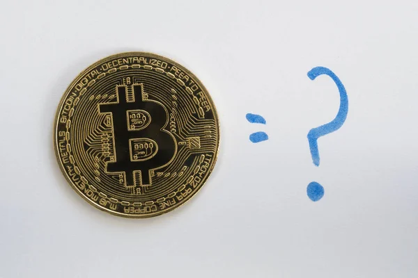 Bitcoin Btc Moeda Criptomoeda Fundo Branco Com Ponto Interrogação Azul — Fotografia de Stock
