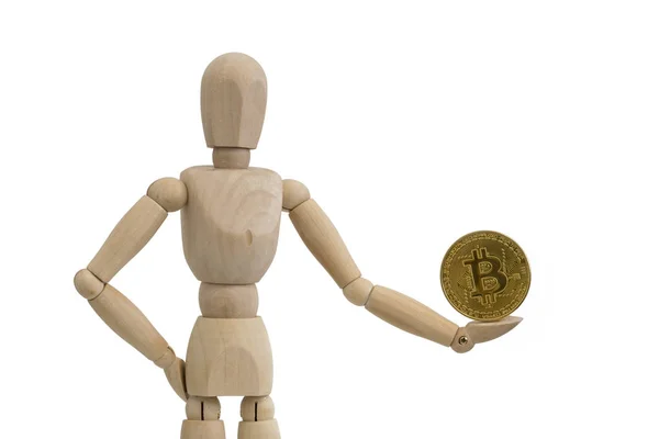 Popiersie Drewniany Manekin Trzymając Monetą Kryptowaluta Bitcoin Btc Jednej Ręce — Zdjęcie stockowe