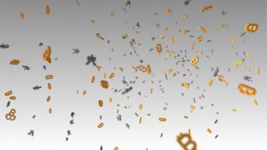 Birçok Dijital kriptopara bitcoin sembolleri animasyon birçok Çin yuan veya Japon yen sembolleri ile yüzen.
