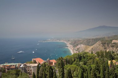 The coastal view from Taormina in Sicily Italy towards Mount Etna
