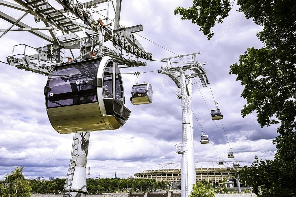 Scenic view of aerial funicular cableway. Cable car in Moscow