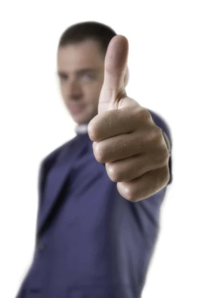Young Business Man Costume Showing Thumb Sign Gesture White Background — Stock Photo, Image