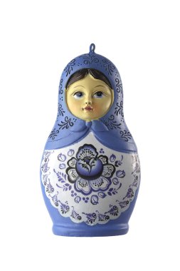 Beyaz arka planda geleneksel Rus tarzı Gzhel ile boyanmış klasik Noel süslemesi figürü Kar Kızı.