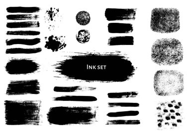 Bir dizi vektör mürekkep fırçası darbesi. Grunge arkaplanları, afişler, yaratıcı çalışmalar için el çizimi grafik ögesi koleksiyonu