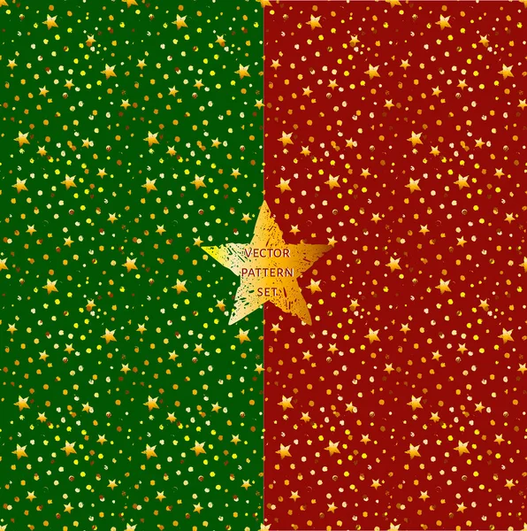 Set Holiday Vector Seamless Patterns Golden Stars Golden Shining Texture — Stock Vector