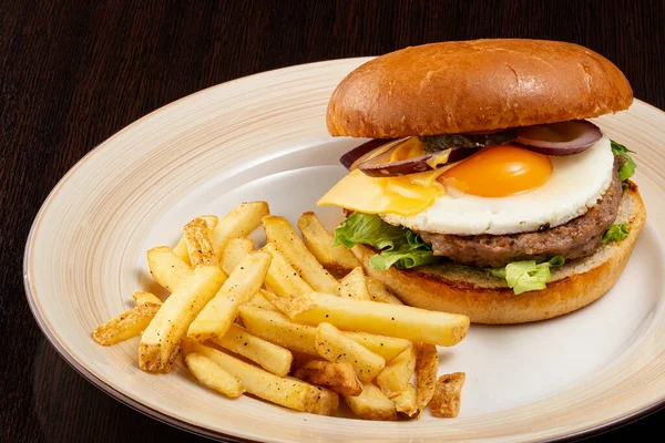 Burger with egg and fries Stock Image