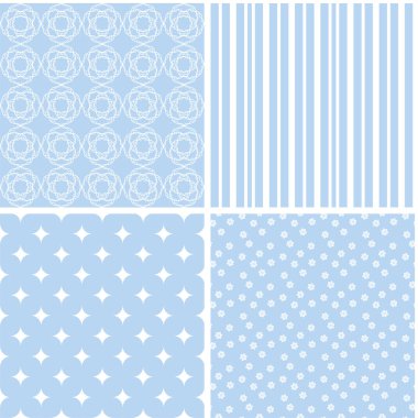 4 retro farklı vektör Dikişsiz desen. Mavi ve beyaz eski püskü pastel