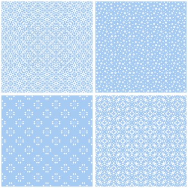 4 retro farklı vektör Dikişsiz desen. Mavi ve beyaz eski püskü pastel