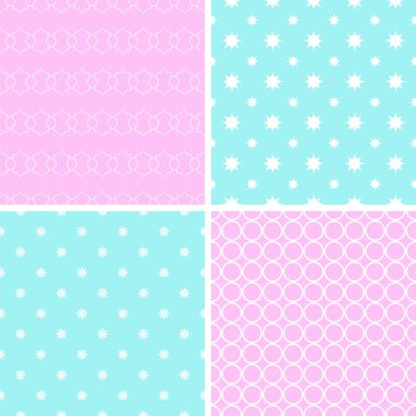 4 retro farklı Dikişsiz desen. Mavi ve beyaz eski püskü pastel