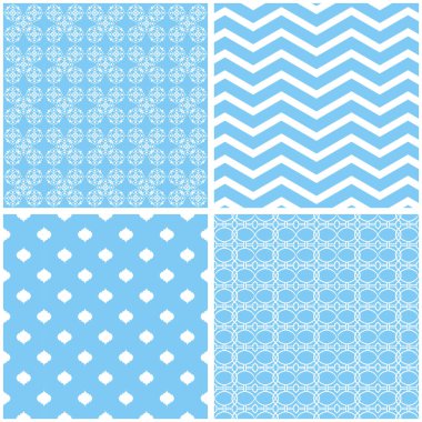 4 sevimli Dikişsiz desen seti. Vektör arka planlar.