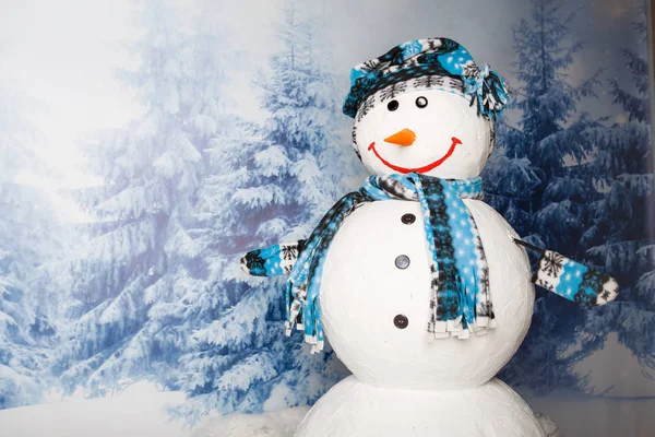 Smiling Happy Snowman Surrounded Winter Landscape Falling Snow — Stock Photo, Image