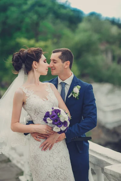 感官的一对年轻夫妇的画像 室外的结婚照 — 图库照片