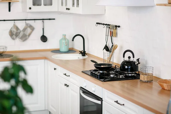 Lujosa Cocina Blanca Sala Estar Una Casa Grande — Foto de Stock