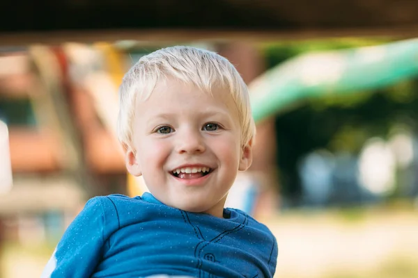 Cute Happy Baby Boy Blond Hair Having Fun Playground Sunny — Stock Photo, Image