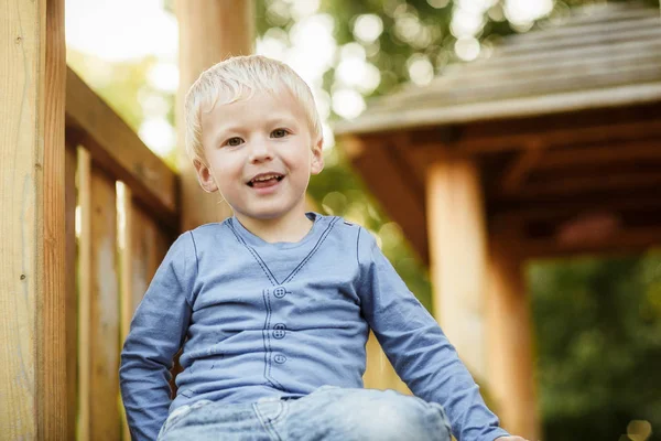 Cute Happy Baby Boy Blond Hair Having Fun Playground Sunny — Stock Photo, Image