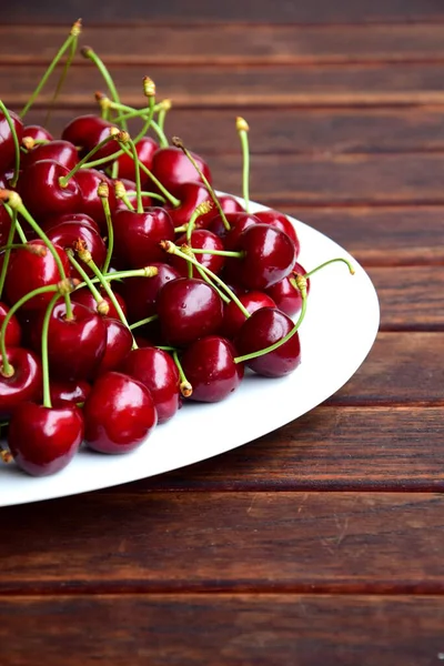 Fresh Red Cherries Harvest White Background Wooden Table Harvest Time — Stock Photo, Image