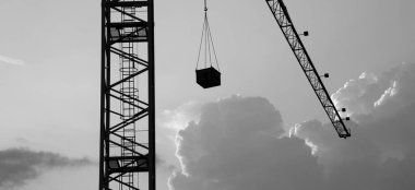 Gökyüzünün önünde siyah beyaz bulutlu bir vinç silueti.