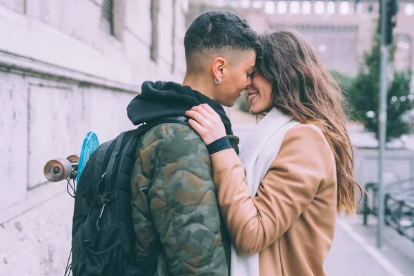 Two Young Women Lesbian Couple Outdoor Kissing Love Relationship Happiness — Stock Photo, Image