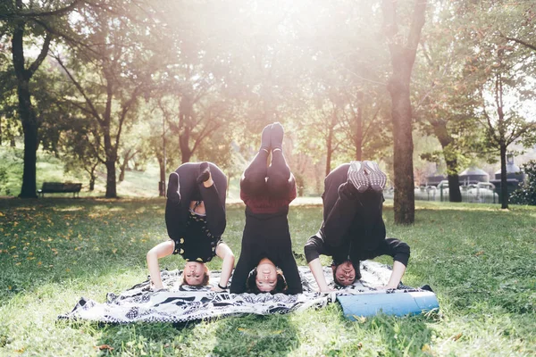Молодой Человек Женщины Растягиваются Открытом Воздухе Городском Парке Солнечный День — стоковое фото