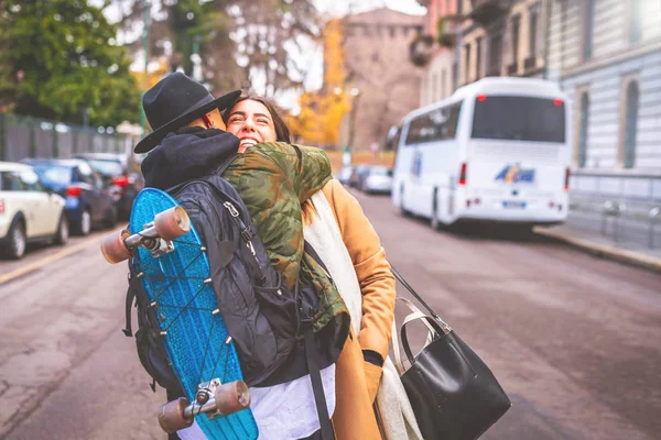 Two Women Lesbian Couple Outdoors Hugging Love Relationship Happiness Love — Stock Photo, Image