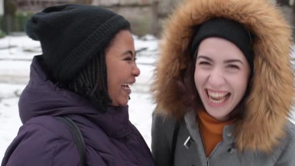 Cámara Lenta Dos Mujeres Jóvenes Multiétnicos Riendo Campo Nieve Alejarse — Vídeo de stock