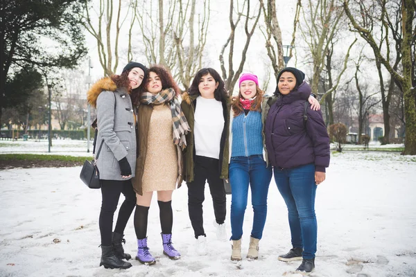 Grupo de mujeres jóvenes posando para la foto en el parque con la nieve cubierta —  Fotos de Stock