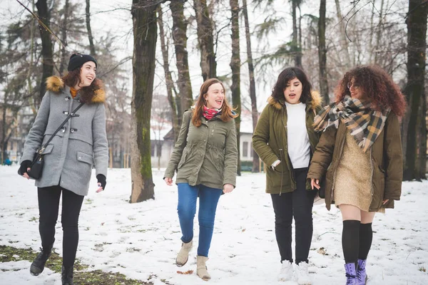 Bir grup genç kadın parkta yürüyor ve sohbet ediyorlar. — Stok fotoğraf