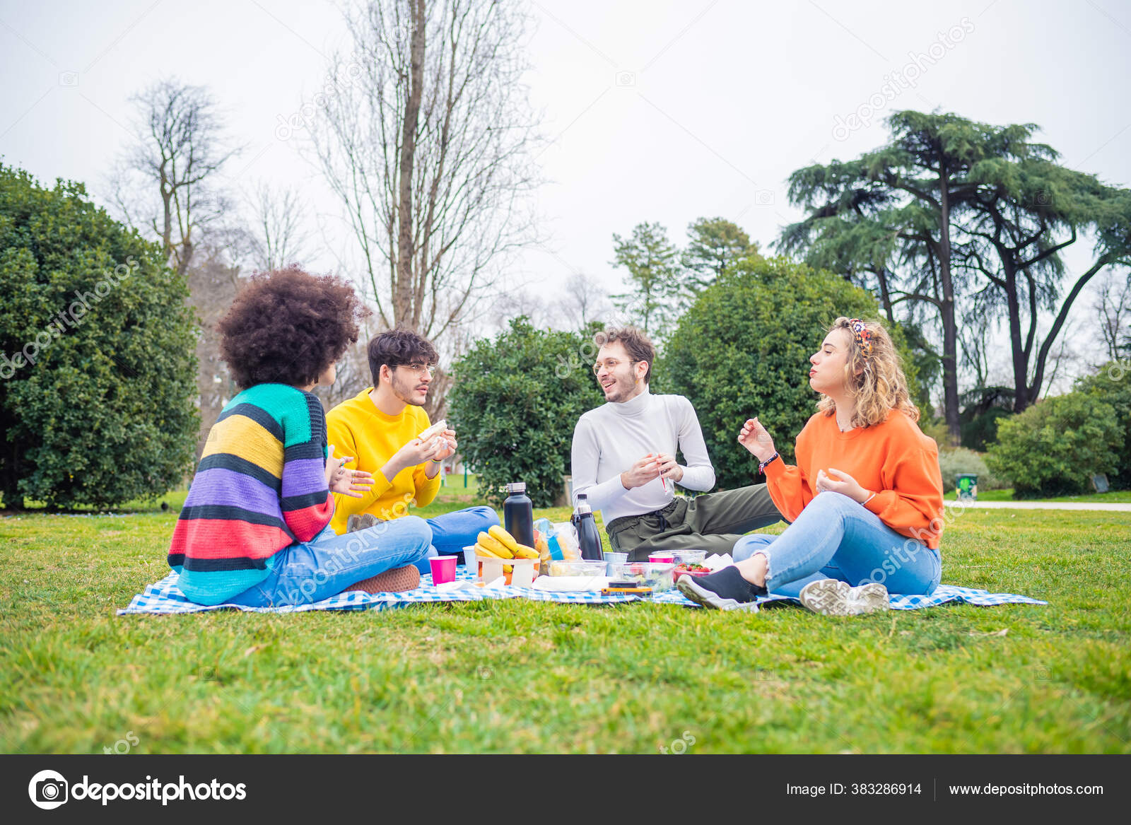 Четверо Этнических Друзей Устраивают Пикник Ковчеге Стоковое Фото.