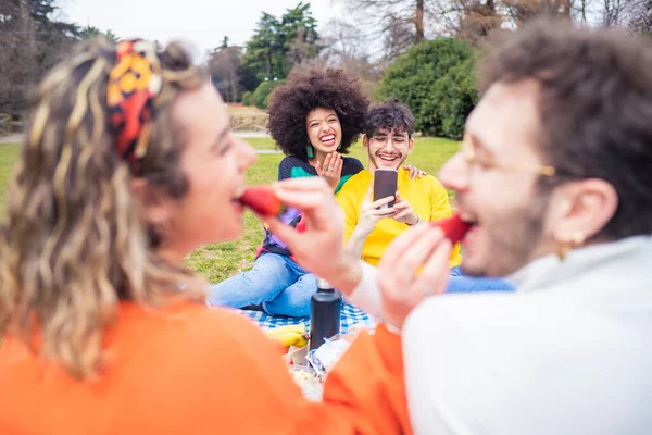 Dört Çoklu Etnik Arkadaş Piknikte Akıllı Telefon Kullanarak Dışarıda Eğleniyor — Stok fotoğraf