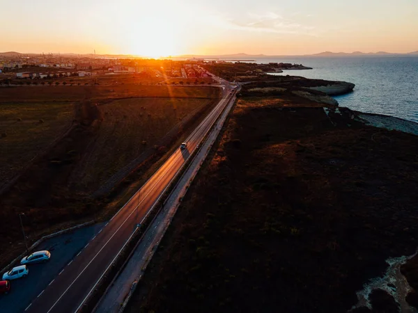 Magical View Stunning Aerial Drone View Road Runs Rocky Coast — Stock Photo, Image