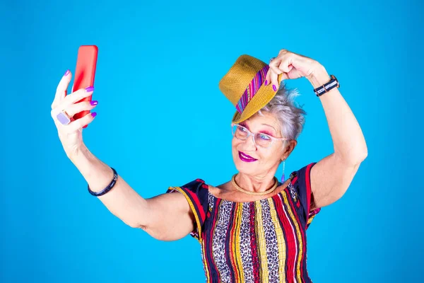 Senior Woman Fashionable Taking Selfie Blue Background Old Stylish Female — Stock Photo, Image